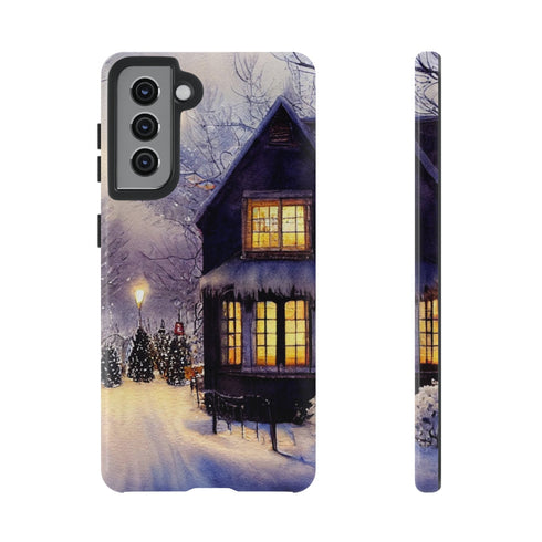 Glowing Homes in the Snow with Christmas Decorations - Impact Resistant Phone Case Samsung Galaxy S21 Glossy